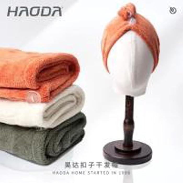 Microfiber Hair Drying Towel, Button-Up Design, Orange, 24 x 63 cm, Quick Dry Hair Wrap - Image 3